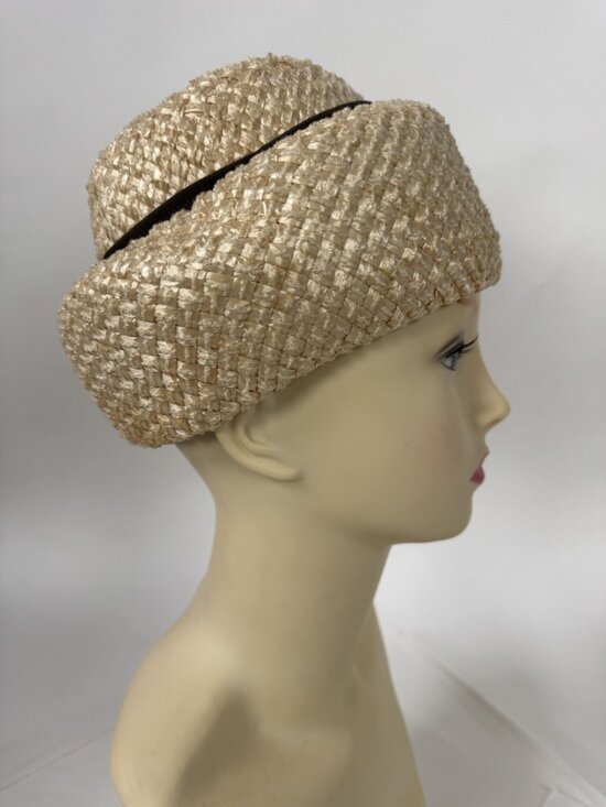 Vintage 1950\'s Beige Straw Womens Hat With Black Accent Woven Design Mid-Century main image 8